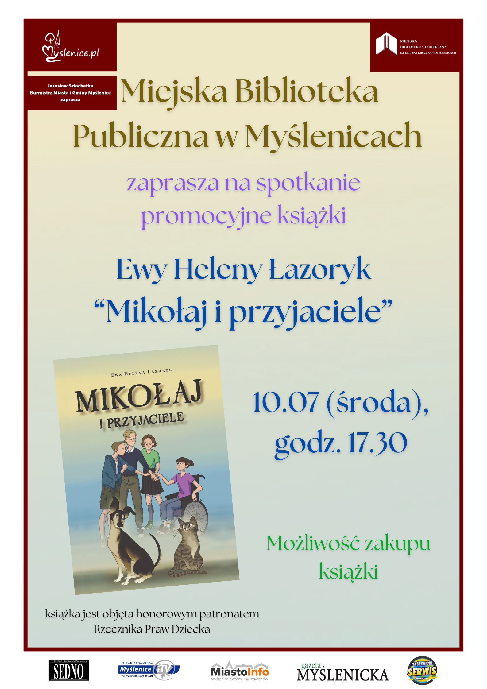 Plakat informujący o spotkaniu z autorką książki Mikołaj i przyjaciele