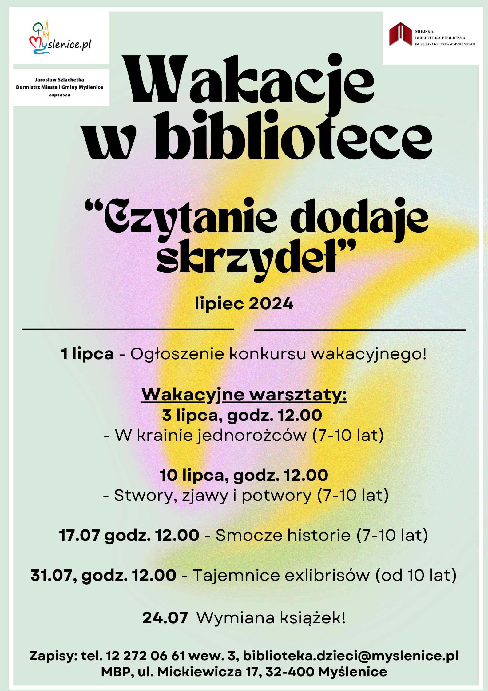 Kolorowy plakat z informacjami o zajęciach wakacyjnych w bibliotece