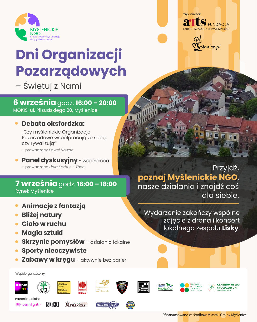 plakat dotyczący wydarzenie Dni Organizacji Pozarządowych organizowanych w dniach6 do 7 września w Myślenicach