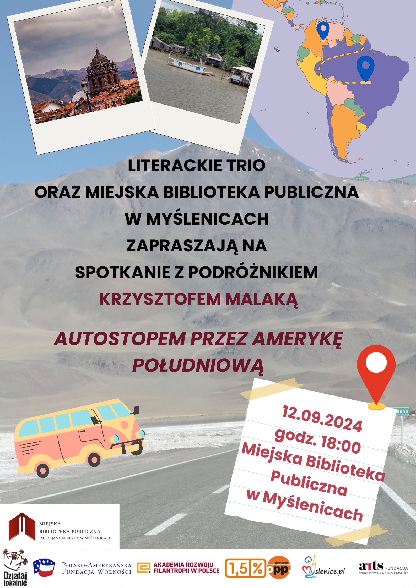 plakat dotyczący spotkania z podróżnikiem dnia 12 września 2024 roku w Miejskiej Bibliotece Publicznej w Myślenicach