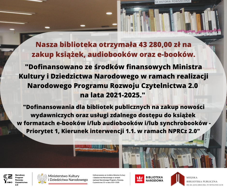 Napisy informujące o dofinansowaniu na tle zdjęcia regałów z książkami