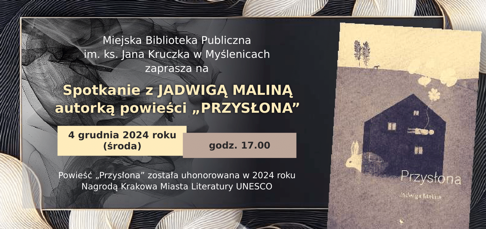 Zaproszenie na spotkanie autorskie z boku okładka książki